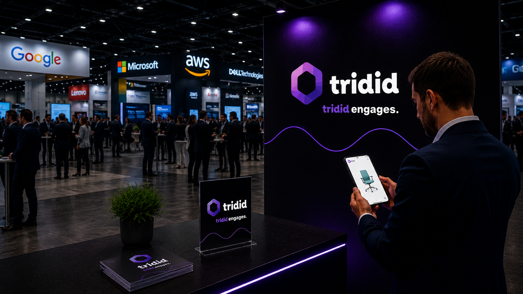 Man using a Tridid presentation on a phone at a trade show booth.